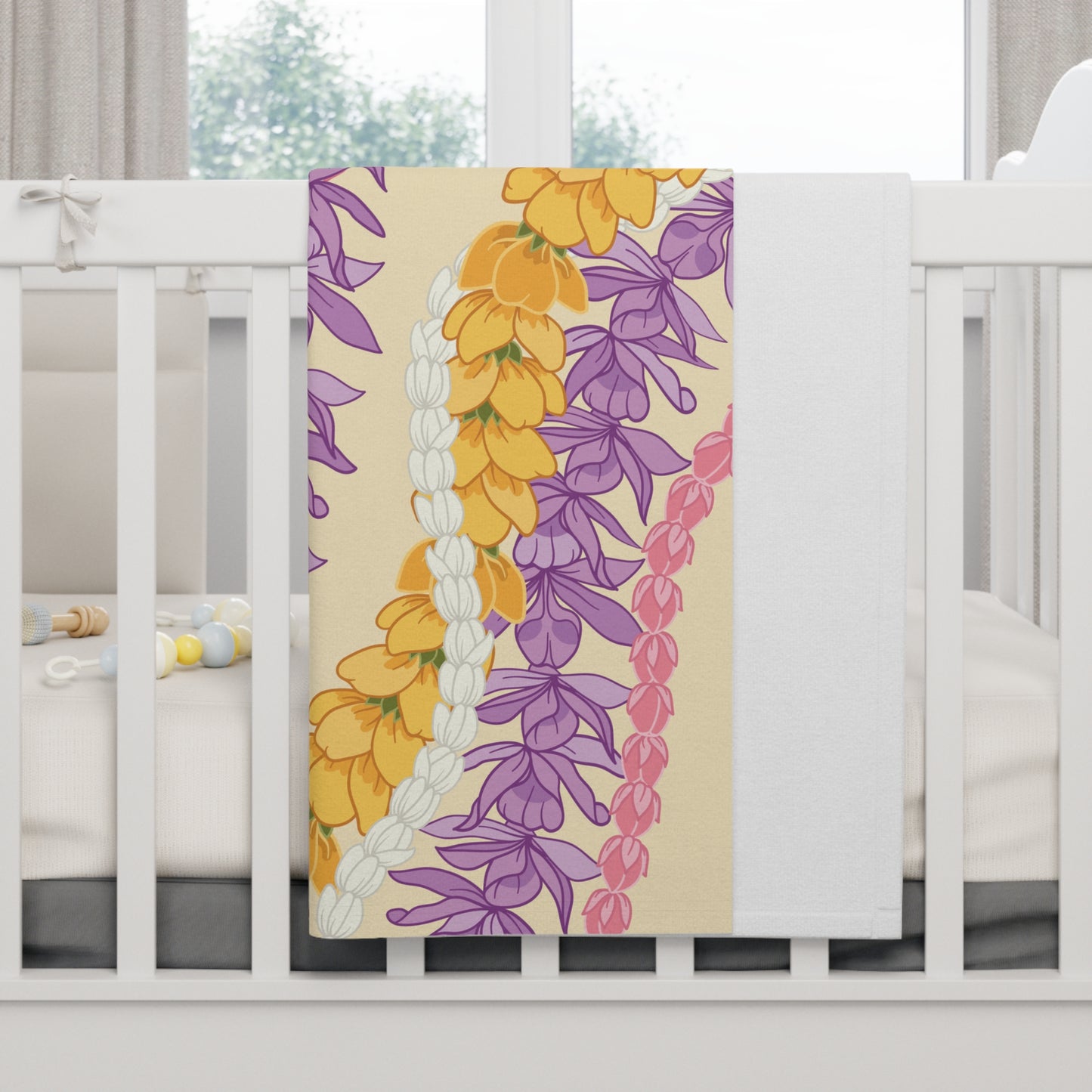 Yellow and Purple Lei Pattern Baby Blanket | Floral Hawaiian Baby Blanket Gift