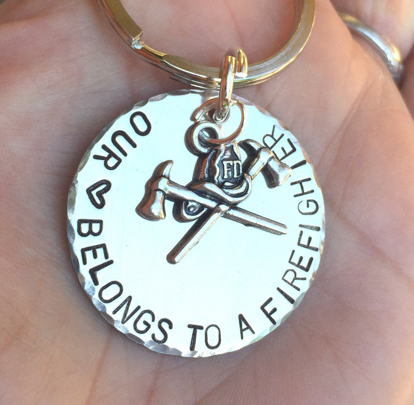 Firefighter Keychain, Our Heart Belongs To A Firefighter, Personalized Firefighter Gift, Firefighter Gift, natashaaloha - Natashaaloha, jewelry, bracelets, necklace, keychains, fishing lures, gifts for men, charms, personalized,