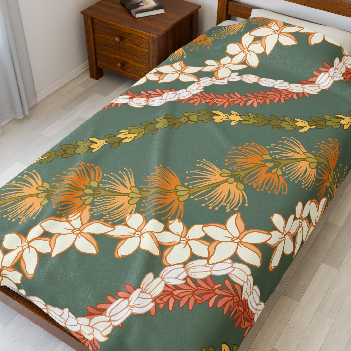 Lehua Pikake Pakalana Lei Aloha Blanket Velveteen Plush Blanket | Hawaiian Floral Throw