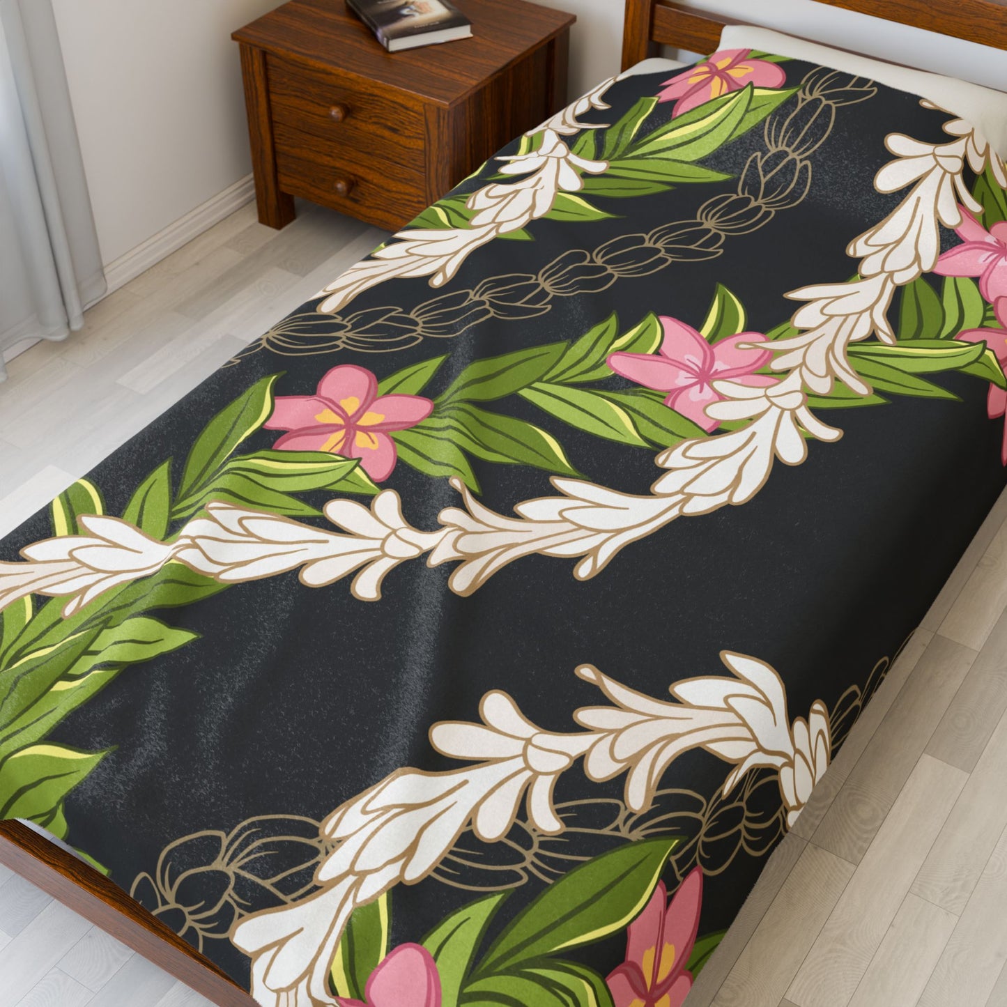 Hawaiian Maile Pikake Plumeria Lei Floral Blanket - Velveteen Plush, Aloha Throw, Soft Flower Blanket, Aloha Collection Blanket