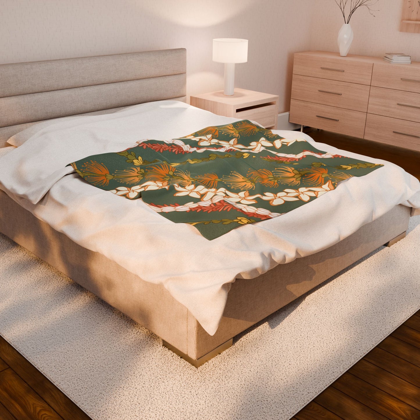 Lehua Pikake Pakalana Lei Aloha Blanket Velveteen Plush Blanket | Hawaiian Floral Throw