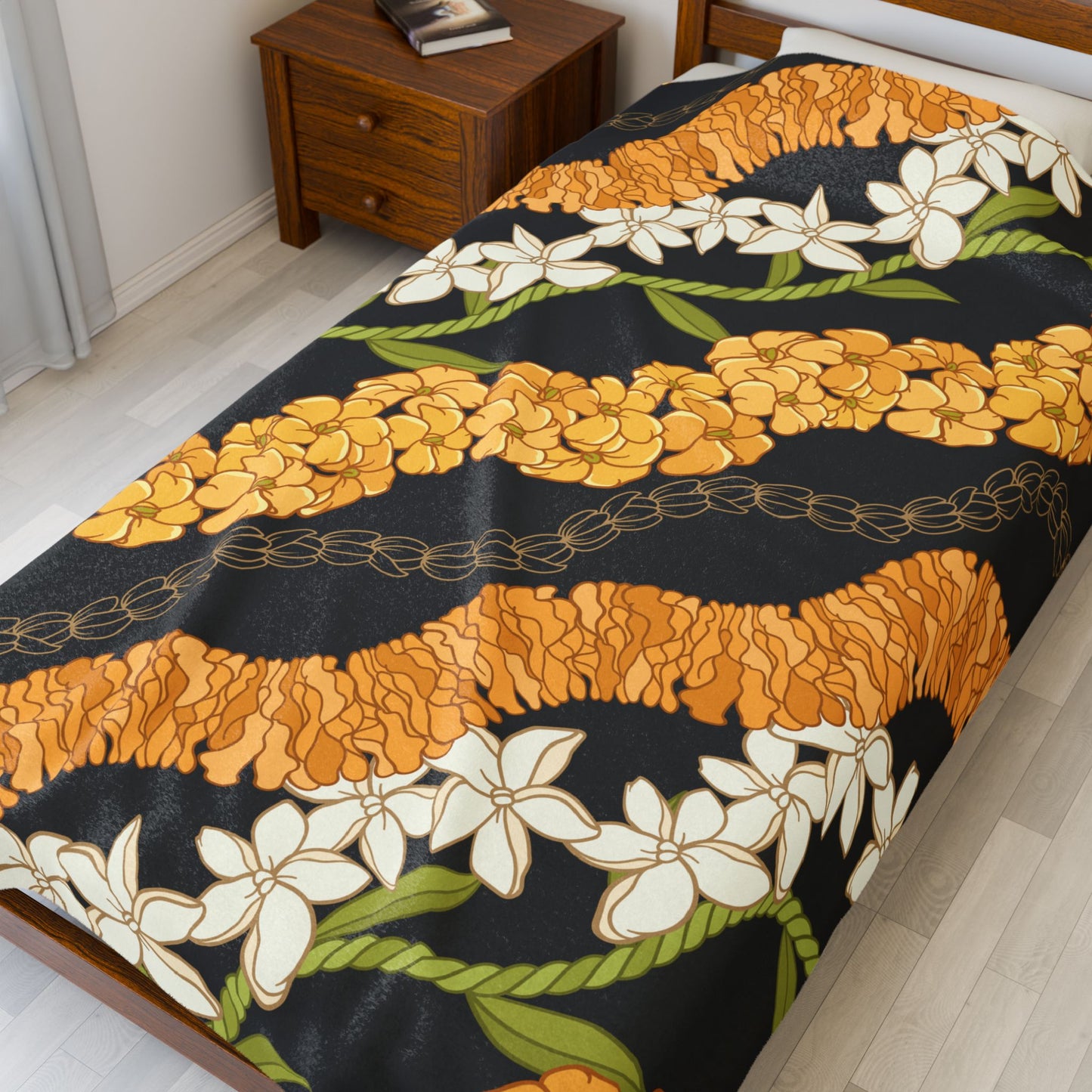 Hawaiian Puakenikeni Pikake Maile Ilima Flower Blanket - Velveteen Plush, Aloha Throw, Soft Flower Blanket, Aloha Collection Blanket