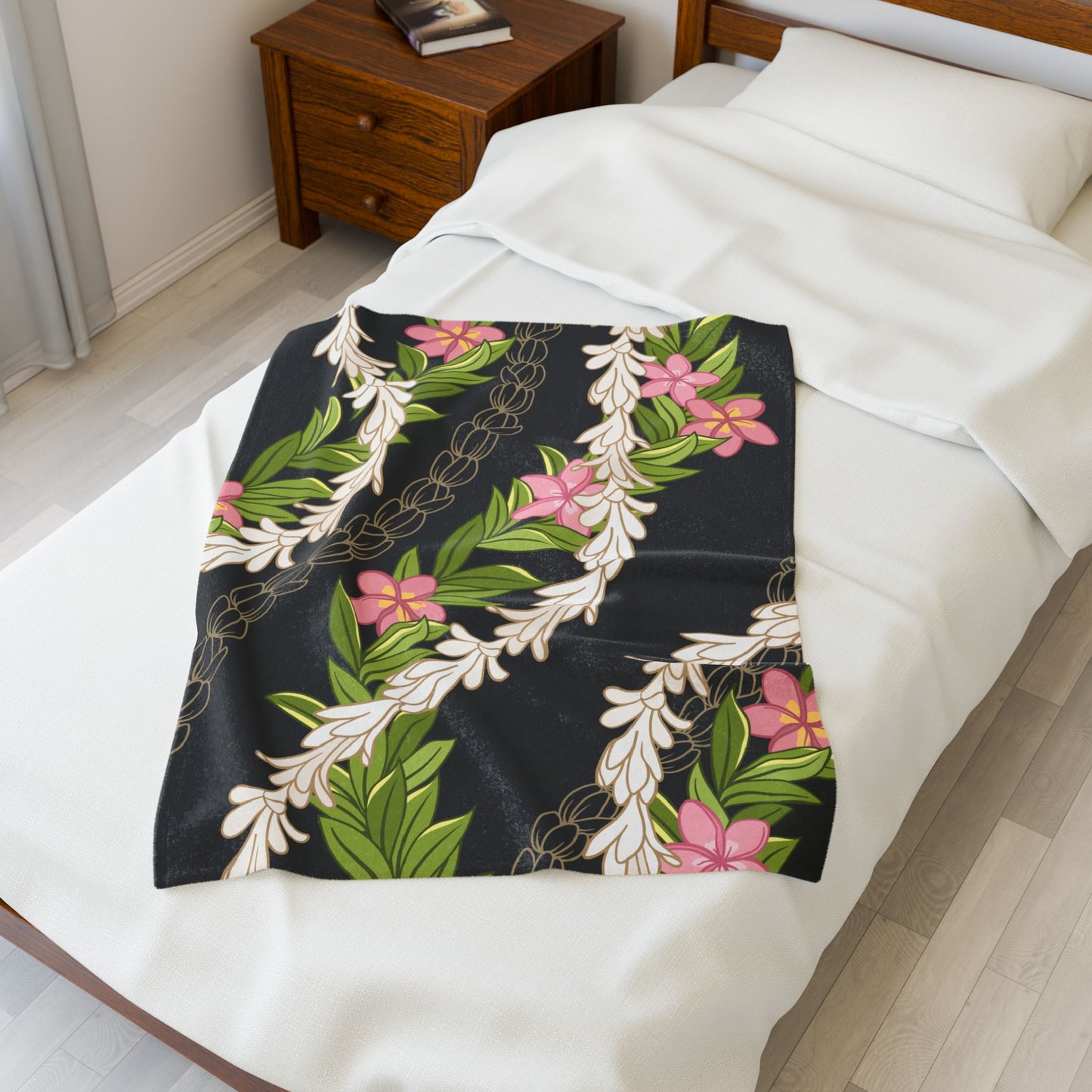 Hawaiian Maile Pikake Plumeria Lei Floral Blanket - Velveteen Plush, Aloha Throw, Soft Flower Blanket, Aloha Collection Blanket