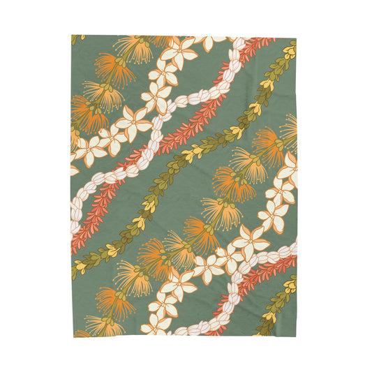 Lehua Pikake Pakalana Lei Aloha Blanket Velveteen Plush Blanket | Hawaiian Floral Throw