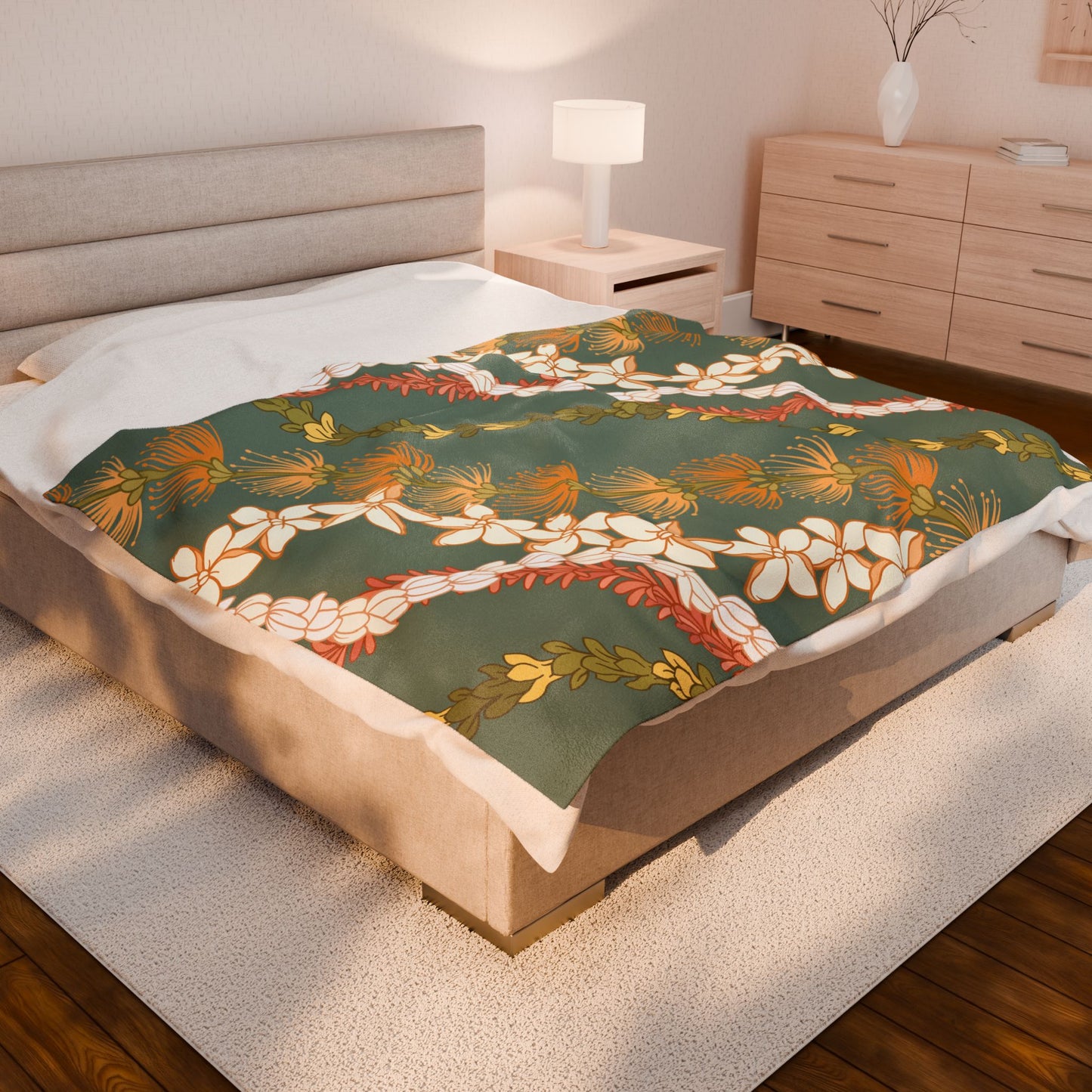 Lehua Pikake Pakalana Lei Aloha Blanket Velveteen Plush Blanket | Hawaiian Floral Throw