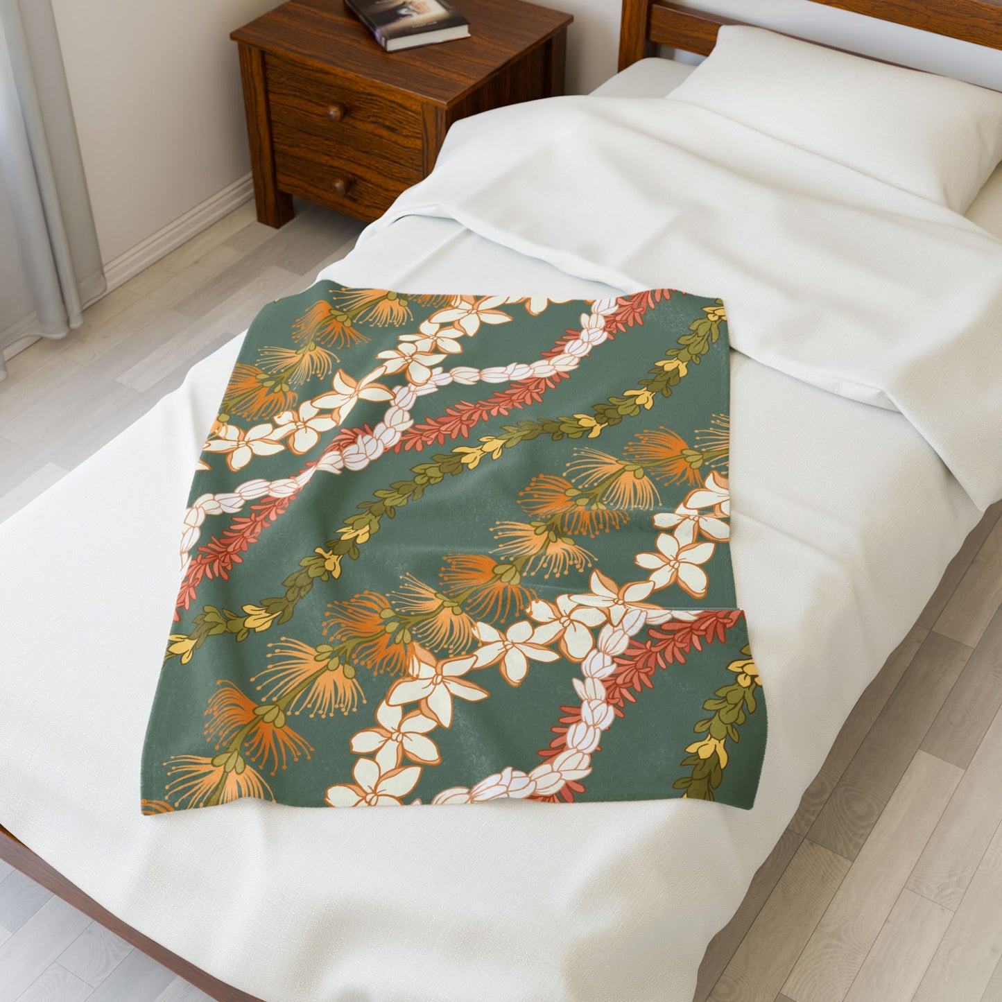 Lehua Pikake Pakalana Lei Aloha Blanket Velveteen Plush Blanket | Hawaiian Floral Throw