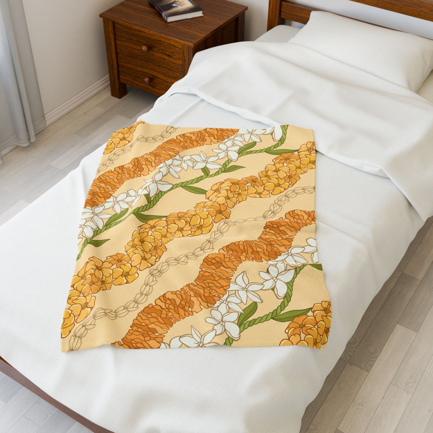 Hawaiian Puakenikeni Pikake Maile Ilima Flower Blanket - Velveteen Plush, Aloha Throw, Soft Flower Blanket, Aloha Collection Blanket