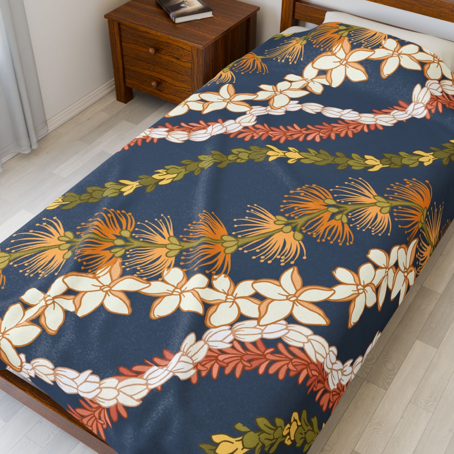 Blue Grey Ohia Lehua Pikake Pakalani Lei Hawaiian Blanket , Velveteen Plush Blanket