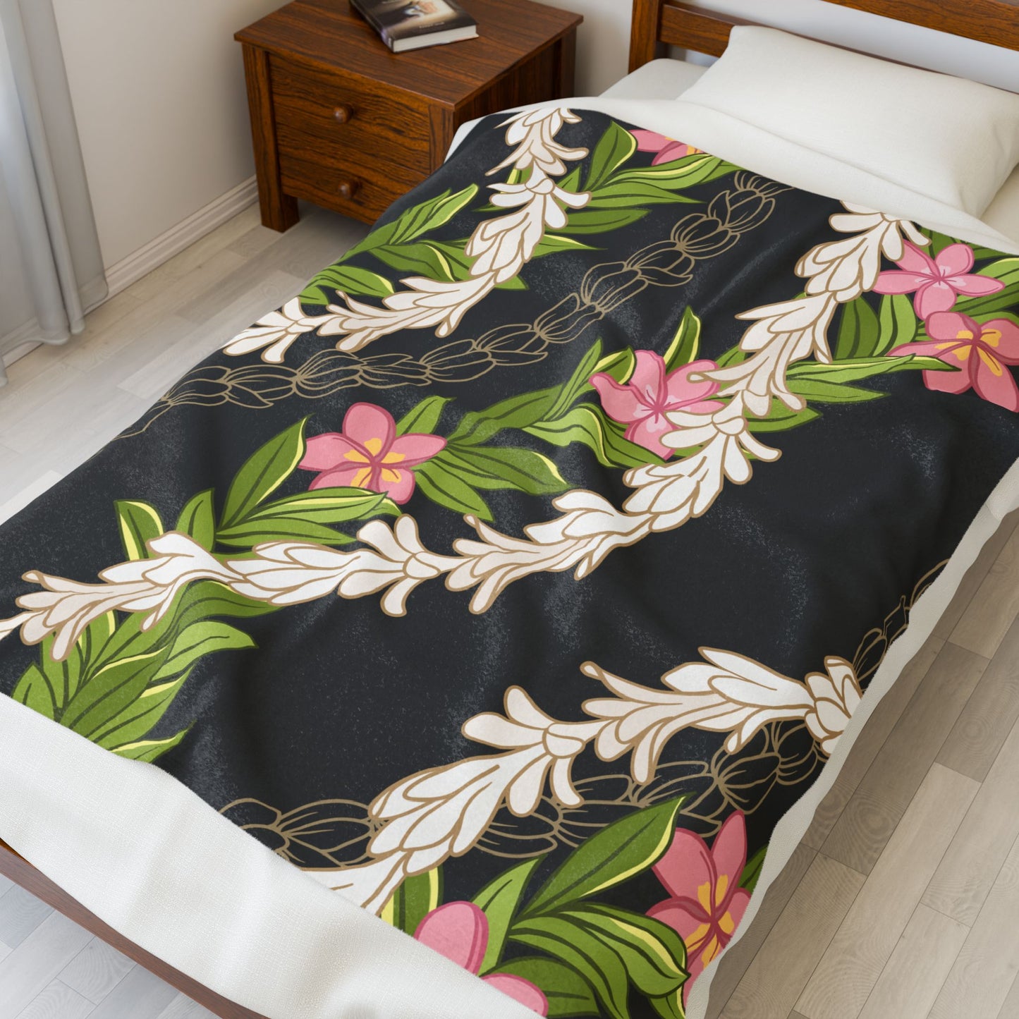 Hawaiian Maile Pikake Plumeria Lei Floral Blanket - Velveteen Plush, Aloha Throw, Soft Flower Blanket, Aloha Collection Blanket