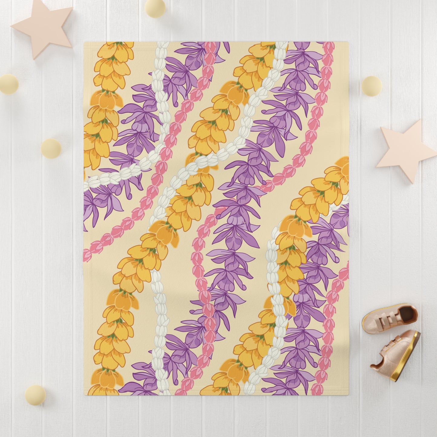 Yellow and Purple Lei Pattern Baby Blanket | Floral Hawaiian Baby Blanket Gift