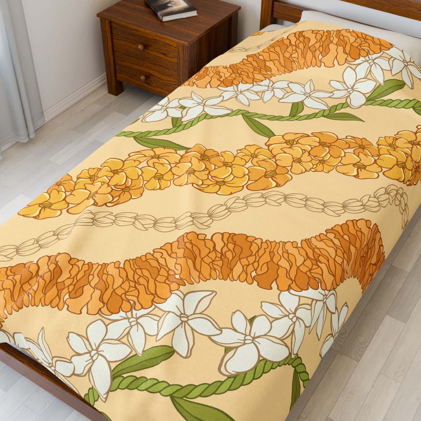 Hawaiian Puakenikeni Pikake Maile Ilima Flower Blanket - Velveteen Plush, Aloha Throw, Soft Flower Blanket, Aloha Collection Blanket