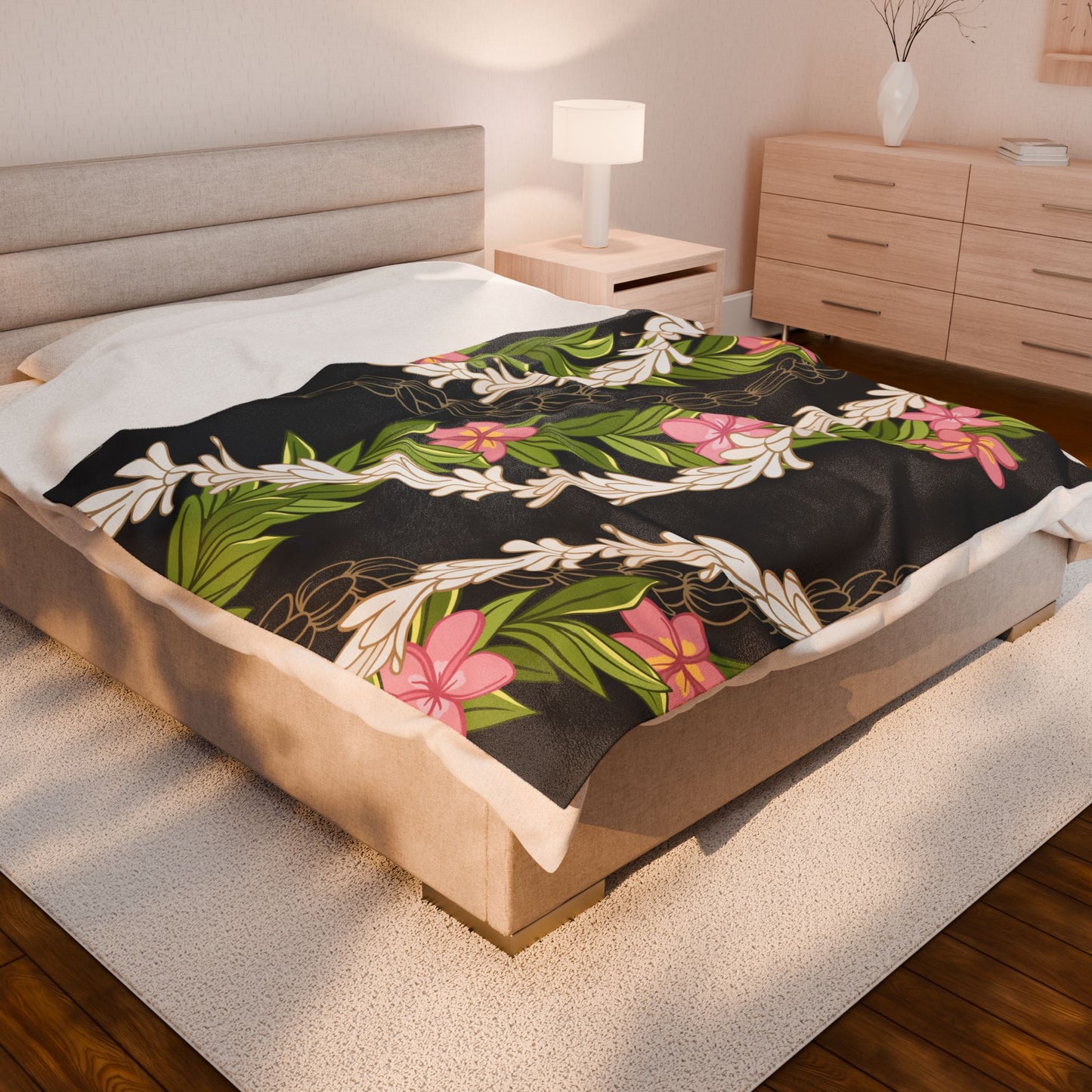 Hawaiian Maile Pikake Plumeria Lei Floral Blanket - Velveteen Plush, Aloha Throw, Soft Flower Blanket, Aloha Collection Blanket