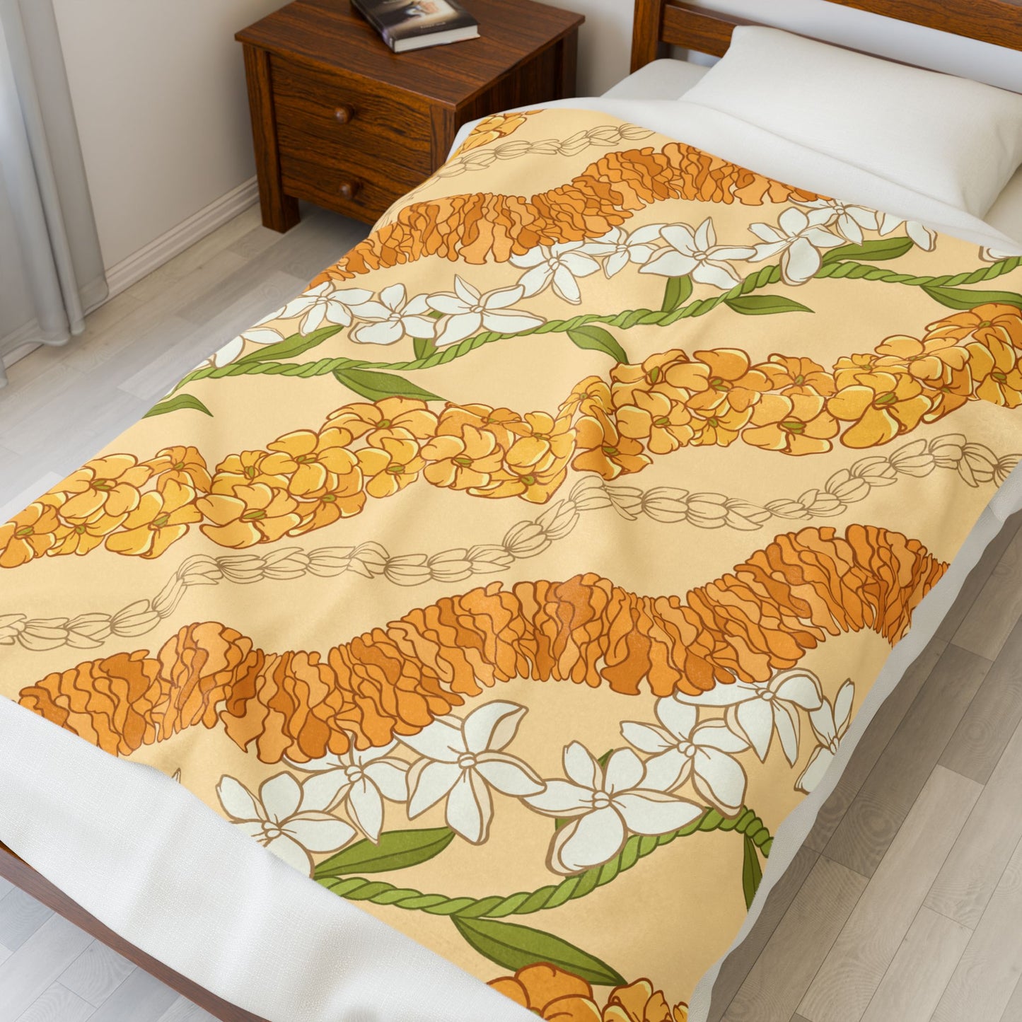 Hawaiian Puakenikeni Pikake Maile Ilima Flower Blanket - Velveteen Plush, Aloha Throw, Soft Flower Blanket, Aloha Collection Blanket