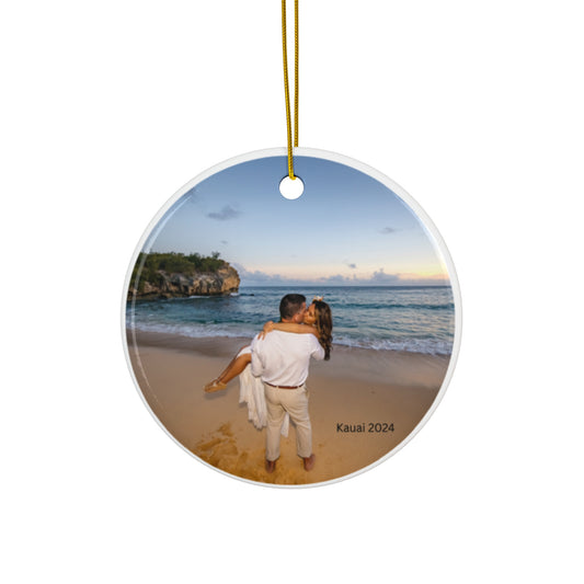 Ceramic Ornament, Hawaii 2024 Photo Custom Vacation Wedding Family Holiday Gift