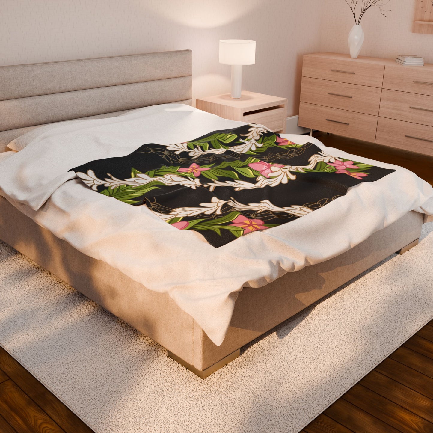 Hawaiian Maile Pikake Plumeria Lei Floral Blanket - Velveteen Plush, Aloha Throw, Soft Flower Blanket, Aloha Collection Blanket