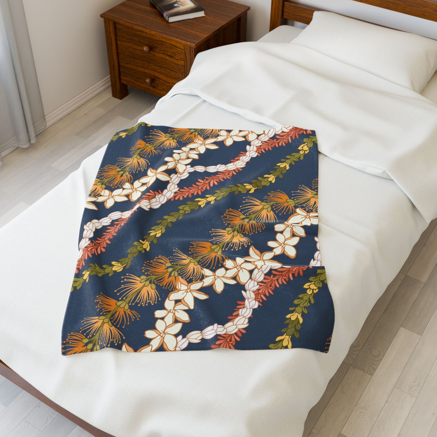 Blue Grey Ohia Lehua Pikake Pakalani Lei Hawaiian Blanket , Velveteen Plush Blanket