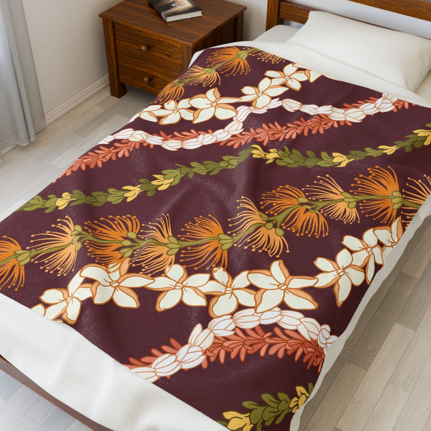 Ohia Lehua Pikake Pakalani Lei Hawaiian Blanket Velveteen Plush Blanket