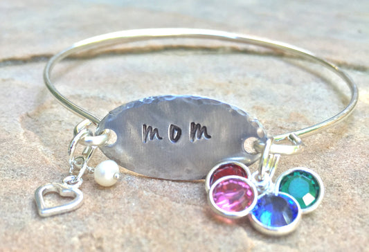 Mom Bangle, Mother's Day Gift, Mother Daughter Bracelet, Mother Children Bracelet, Hand Stamped - Natashaaloha, jewelry, bracelets, necklace, keychains, fishing lures, gifts for men, charms, personalized,