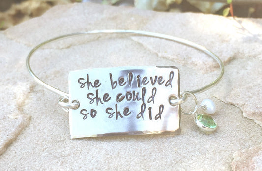 She Believed She Could So She Did, Bangle, Personalized Bangles, Graduation Gifts, RN Gifts, Graduation For Her, natashaaloha - Natashaaloha, jewelry, bracelets, necklace, keychains, fishing lures, gifts for men, charms, personalized, 