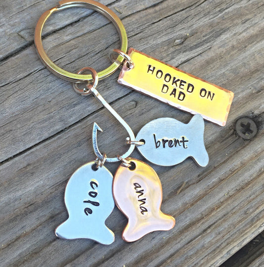 Hooked On Dad Fishing Keychain - Natashaaloha, jewelry, bracelets, necklace, keychains, fishing lures, gifts for men, charms, personalized,