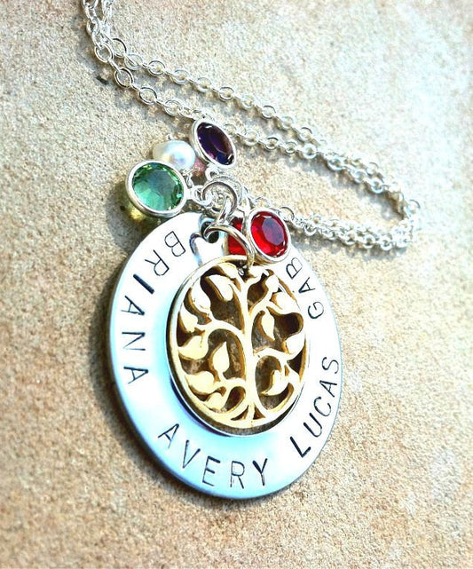 Personalized Hand Stamped Necklace, Personalized Tree of Life Necklace, Personalized Mom Necklace, Mothers Day, natashaloha - Natashaaloha, jewelry, bracelets, necklace, keychains, fishing lures, gifts for men, charms, personalized,