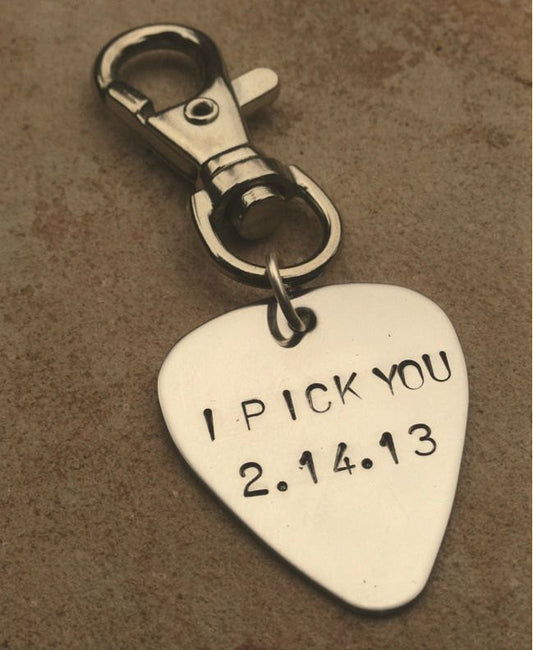 Guitar Pick, I pick you, Valentine key chain, hand stamped key chain, personalized, for dad, music key chain, pick - Natashaaloha, jewelry, bracelets, necklace, keychains, fishing lures, gifts for men, charms, personalized, 
