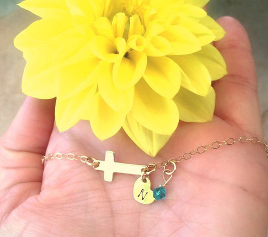 mother daughter bracelet, sideways cross bracelet, personalized cross bracelet, cross bracelet, initial bracelet, first communion gift - Natashaaloha, jewelry, bracelets, necklace, keychains, fishing lures, gifts for men, charms, personalized,