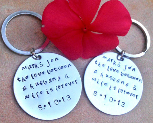 The love between a husband and wife, wedding day key chain, 1 custom key chain, for the bride and groom, just married, bride and groom gift - Natashaaloha, jewelry, bracelets, necklace, keychains, fishing lures, gifts for men, charms, personalized,