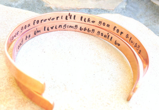 cuff, cuff bracelet, I'll love you forever ill like you for always, forever my baby you'll be, Mothers Day, mother daughter bracelet - Natashaaloha, jewelry, bracelets, necklace, keychains, fishing lures, gifts for men, charms, personalized,