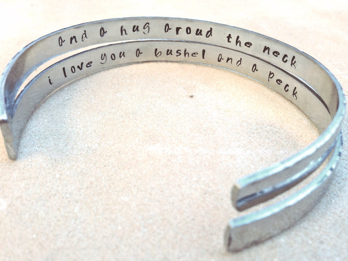 cuff, cuff bracelet, message bracelet, personalized jewelry, personalized bracelets, i love you a bushel and a peck, mother daughter - Natashaaloha, jewelry, bracelets, necklace, keychains, fishing lures, gifts for men, charms, personalized, 