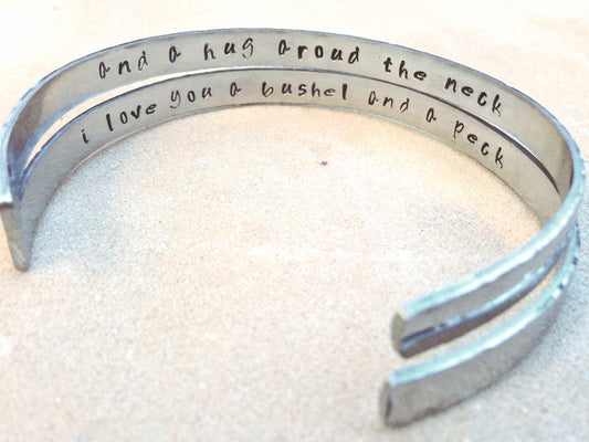 cuff, cuff bracelet, message bracelet, personalized jewelry, personalized bracelets, i love you a bushel and a peck, mother daughter - Natashaaloha, jewelry, bracelets, necklace, keychains, fishing lures, gifts for men, charms, personalized,