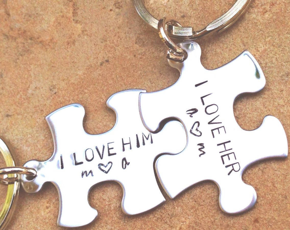 Personalized Puzzle Keychain, I Love Him I Love Her Keychain, Puzzle Keychains, His and Hers Gifts - Natashaaloha, jewelry, bracelets, necklace, keychains, fishing lures, gifts for men, charms, personalized, 