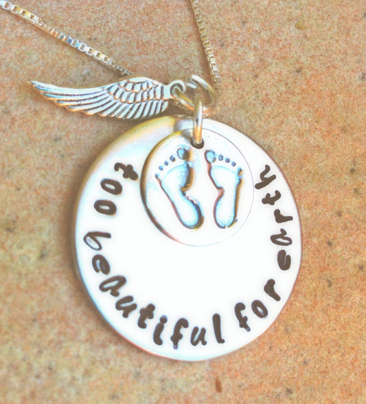 Personalized Necklace, Hand Stamped, too beautiful for earth, baby memorial, memorial necklace, loss of baby, natashaaloha, sympathy gift - Natashaaloha, jewelry, bracelets, necklace, keychains, fishing lures, gifts for men, charms, personalized, 