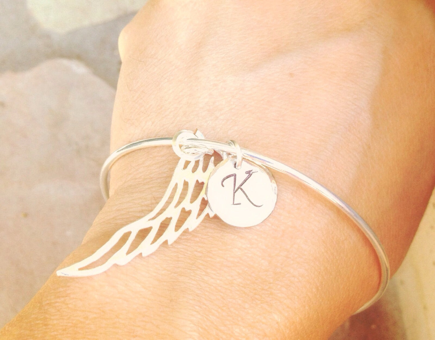 Personalized Bangle Bracelet, Angel Wing Bracelet, Initial Bracelet - Natashaaloha, jewelry, bracelets, necklace, keychains, fishing lures, gifts for men, charms, personalized, 