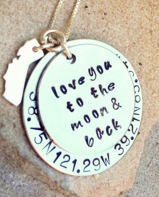 love you to the moon and back, coordinate necklace, personalized necklace, coordinate and state necklace, natashaaloha - Natashaaloha, jewelry, bracelets, necklace, keychains, fishing lures, gifts for men, charms, personalized,