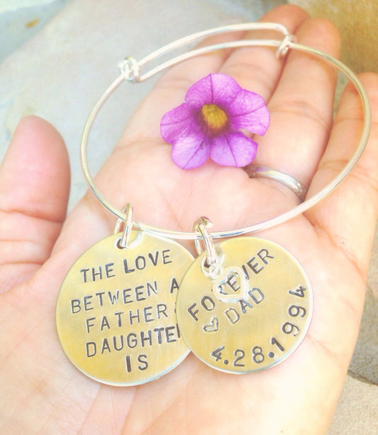 The Love Between A Father And Daughter Bangle Bracelet, Father Daughter Jewelry Gifts - Natashaaloha, jewelry, bracelets, necklace, keychains, fishing lures, gifts for men, charms, personalized,