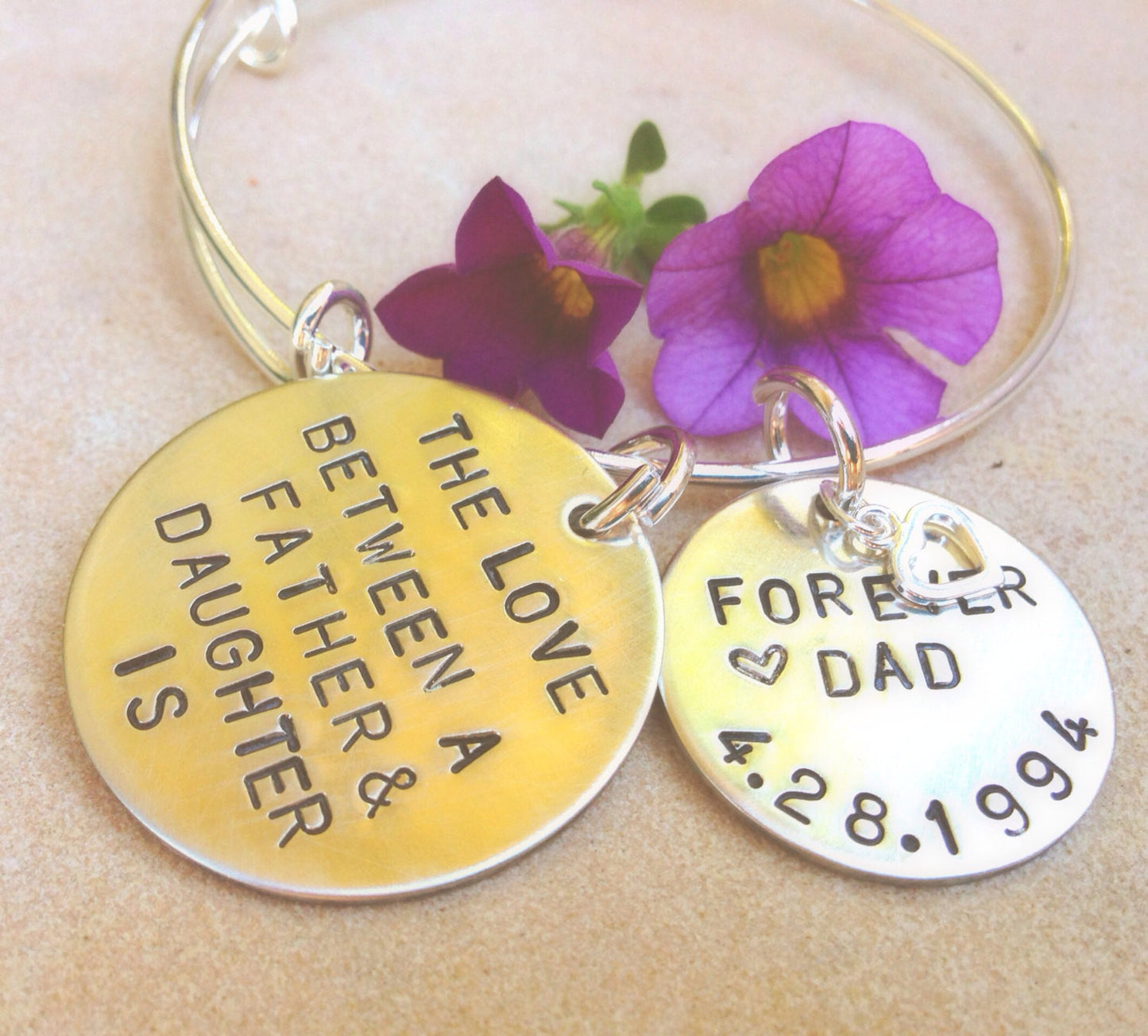 The Love Between A Father And Daughter Bangle Bracelet, Father Daughter Jewelry Gifts - Natashaaloha, jewelry, bracelets, necklace, keychains, fishing lures, gifts for men, charms, personalized, 