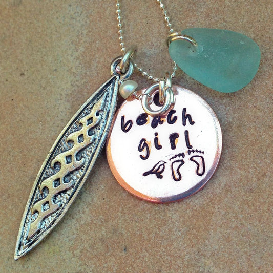 Surfer Girl Necklace, Surf Board Necklace, Sea Glass Necklace, Beach Girl Necklace, Ocean Necklace, Surfer Girl, nataashaloha - Natashaaloha, jewelry, bracelets, necklace, keychains, fishing lures, gifts for men, charms, personalized, 