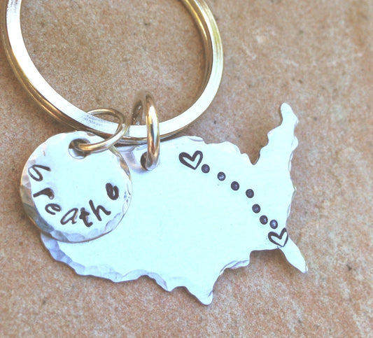 United States Keychain, Boyfriend Gift, Long Distance  Keychain, Couples Keychain, Personalized Keychain, Hand Stamped Keychain - Natashaaloha, jewelry, bracelets, necklace, keychains, fishing lures, gifts for men, charms, personalized, 