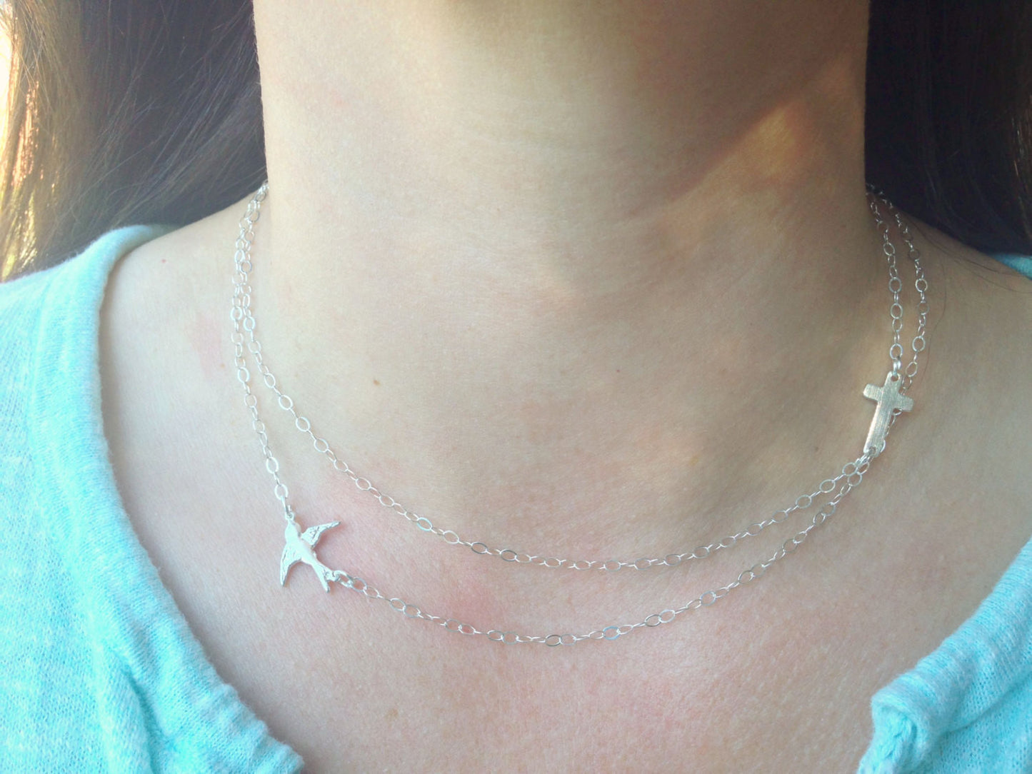 Sideways Cross Necklace, Sideways Swallow Necklace, Sparrow Necklace,Layered Necklace, Cross Necklace, Swallow - Natashaaloha, jewelry, bracelets, necklace, keychains, fishing lures, gifts for men, charms, personalized, 