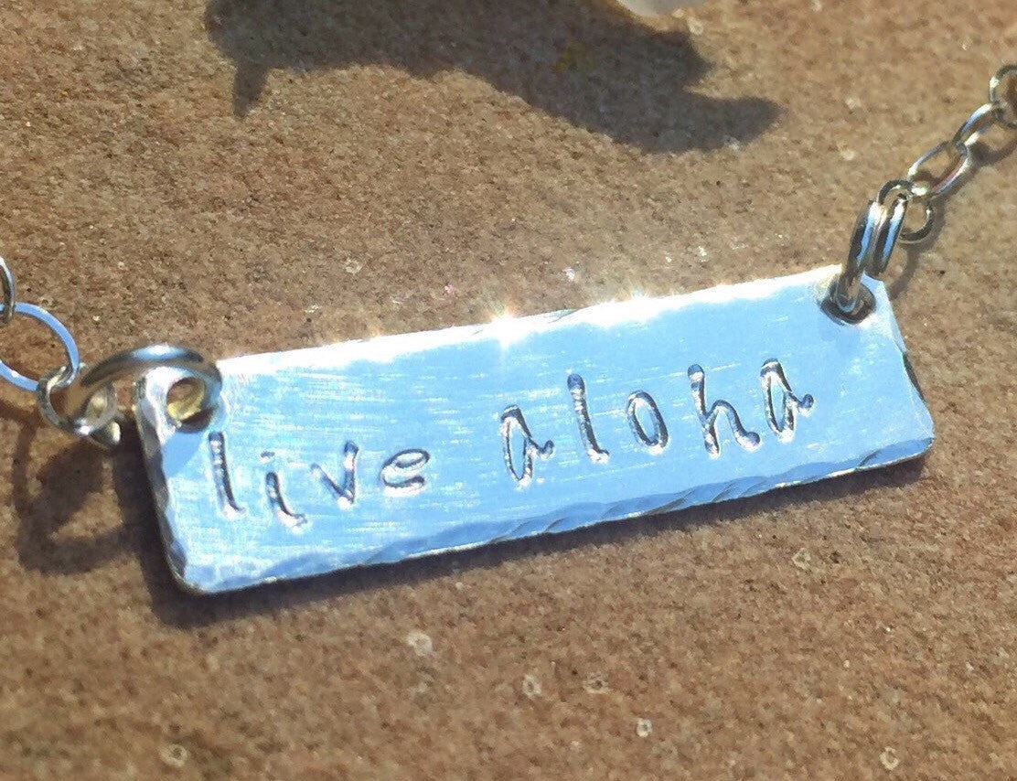 Live Aloha Necklace, Sterling Bar Necklace, Name Necklace, Monogram Necklace, Mothers Day Necklace - Natashaaloha, jewelry, bracelets, necklace, keychains, fishing lures, gifts for men, charms, personalized, 