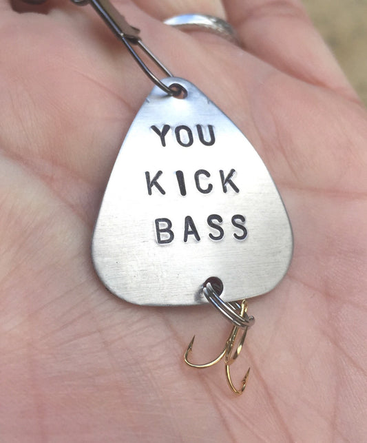 Fishing Lure,Fathers Day Gift, You Kick Bass, For Him, Boyfriend Gift, Personalized Fishing Lure, Hand Stamped Fishing Lure,natashaaloha - Natashaaloha, jewelry, bracelets, necklace, keychains, fishing lures, gifts for men, charms, personalized,