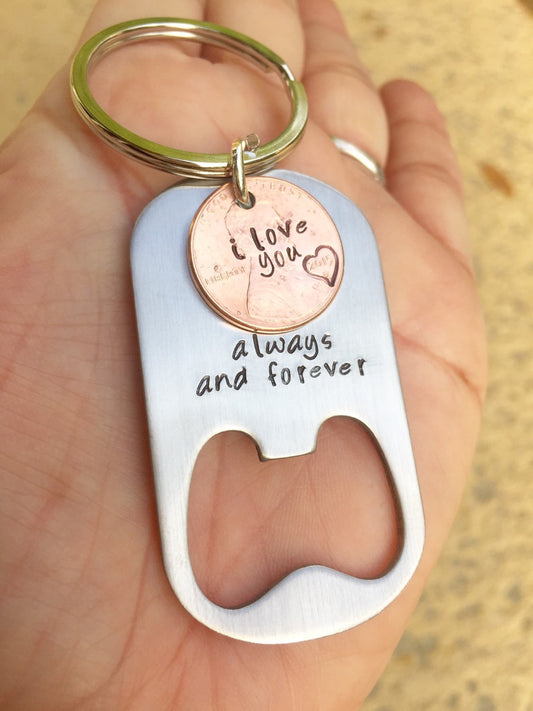 Lucky We Found Each Other, Bottle Opener Personalized Keychain, Penny Keychains, Boyfriend Gifts, Personalized Keychains, Mothers Day - Natashaaloha, jewelry, bracelets, necklace, keychains, fishing lures, gifts for men, charms, personalized,