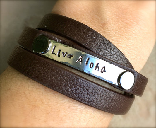 Live Aloha Bracelet, Mothers Day Gift, Hawaiian Jewelry, Live Aloha Jewelry, Leather Wrap Bracelet, Hand Stamped Bracelet, natashaaloha - Natashaaloha, jewelry, bracelets, necklace, keychains, fishing lures, gifts for men, charms, personalized,