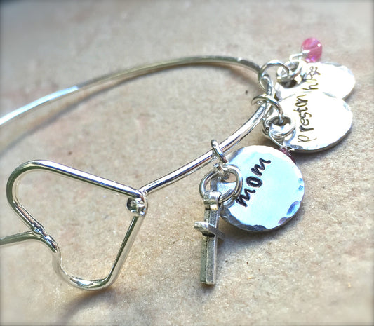 Mother Bracelet, Personalized Bangle Bracelet, Custom Bangle, Personalized Family Bangle, Hand Stamped Custom Bangle, Valentine Gifts - Natashaaloha, jewelry, bracelets, necklace, keychains, fishing lures, gifts for men, charms, personalized,