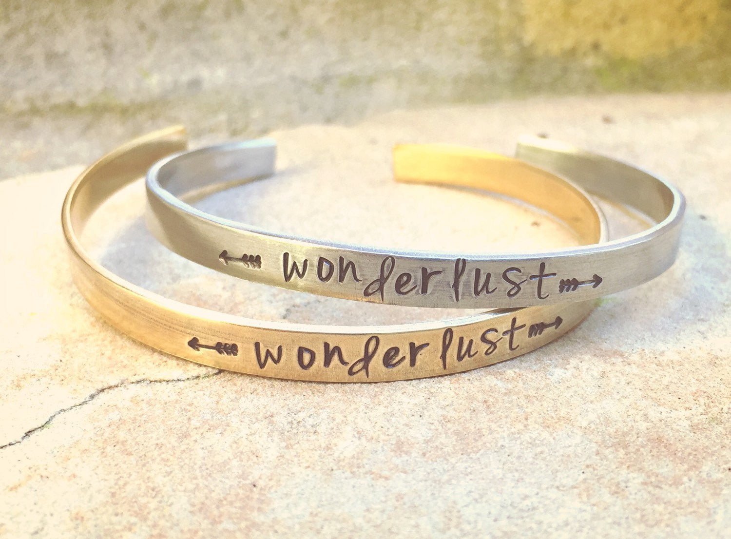 Wanderlust Cuff, Inspirational Jewelry,  Personalized Skinny Bracelet, Hand Stamped Message Bracelet, Skinny Cuffs, natashaaloha - Natashaaloha, jewelry, bracelets, necklace, keychains, fishing lures, gifts for men, charms, personalized, 