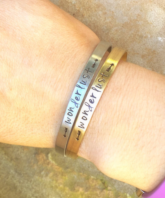 Wonderlust Cuff, Wanderlust Cuff, Personalized Skinny Bracelet, Hand Stamped Message Bracelet, Skinny Cuffs, natashaaloha - Natashaaloha, jewelry, bracelets, necklace, keychains, fishing lures, gifts for men, charms, personalized,