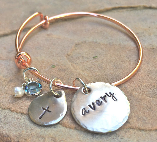 First Communion Gifts, Toddler Bangle, Personalized Toddler Bangle, Baptism Gifts For Kids, Baptism Bangle Bracelet, Hand Stamped Bangle - Natashaaloha, jewelry, bracelets, necklace, keychains, fishing lures, gifts for men, charms, personalized,