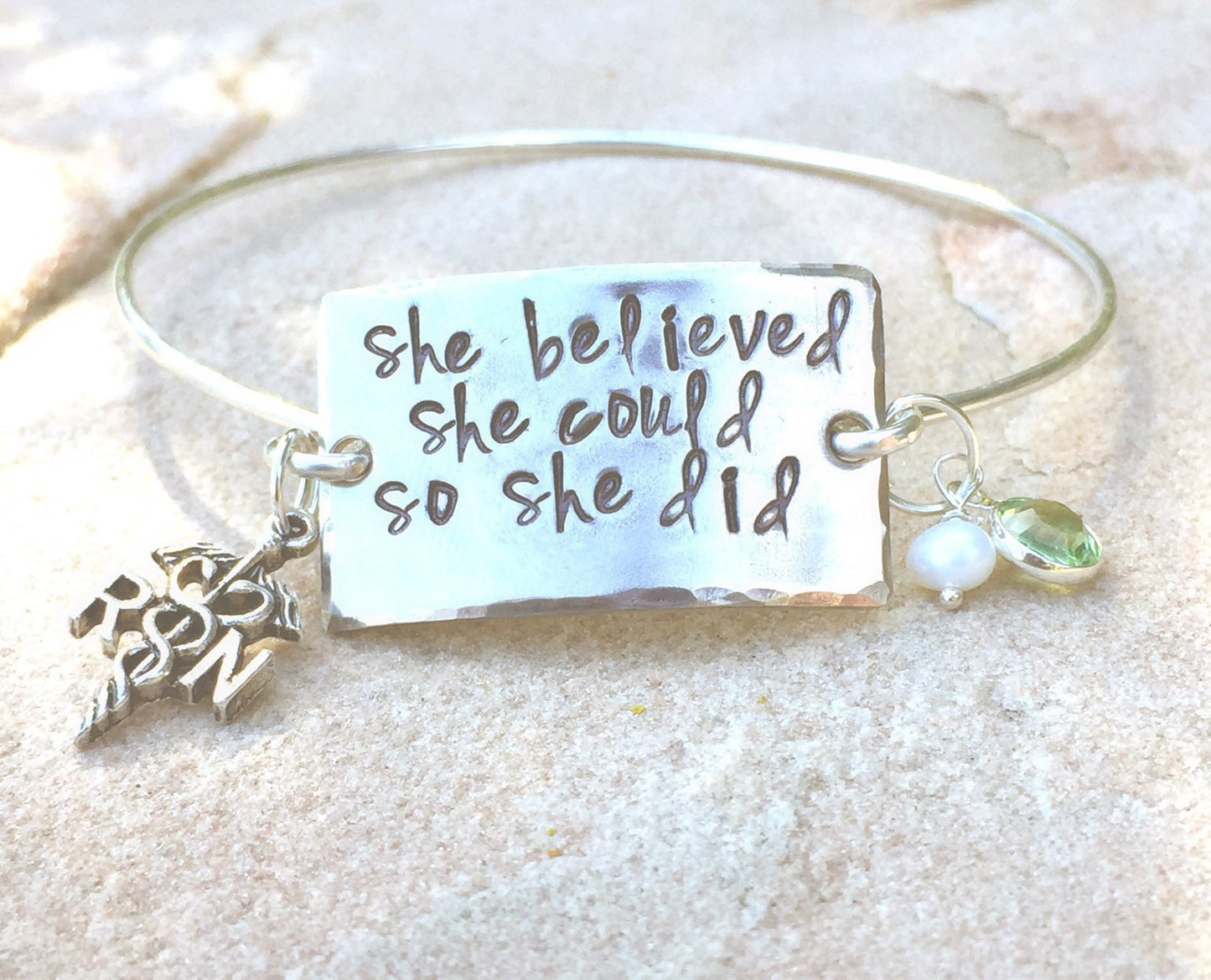 She Believed She Could So She Did, Bangle, Personalized Bangles, Graduation Gifts, RN Gifts, Graduation For Her, natashaaloha - Natashaaloha, jewelry, bracelets, necklace, keychains, fishing lures, gifts for men, charms, personalized, 