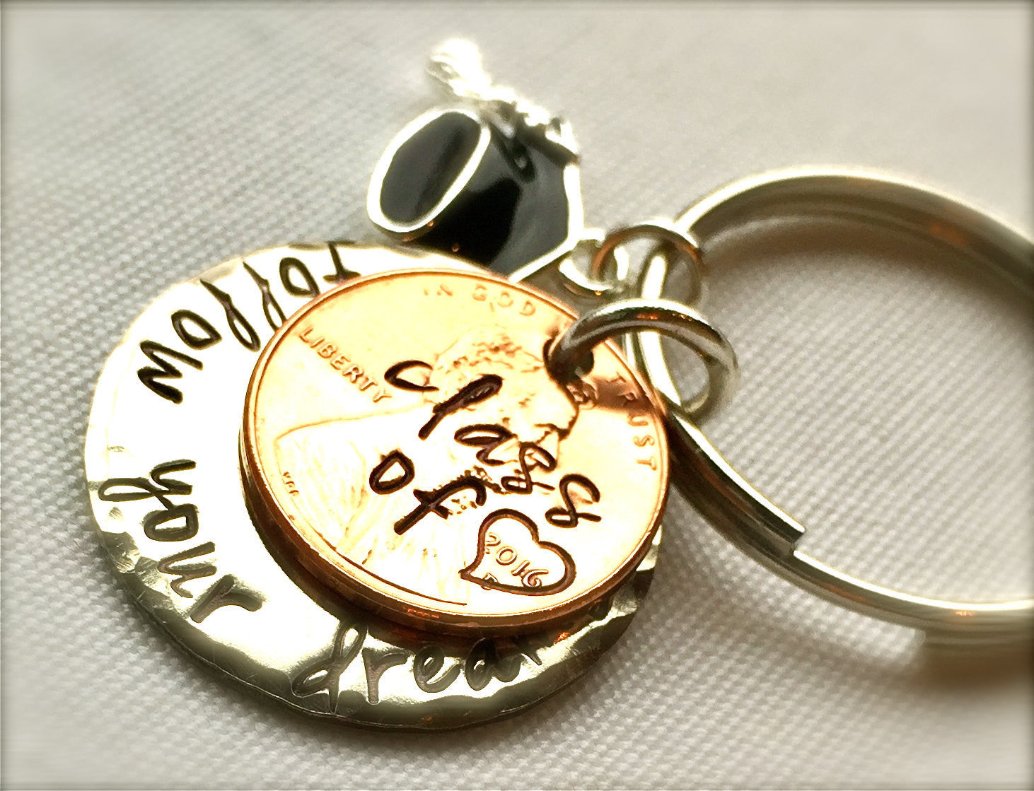Graduation Gifts, Personalized Penny Keychain, Grad Gifts, Penny Keychains, Gradaution 2016, Follow Your Dreams, Do What You Love - Natashaaloha, jewelry, bracelets, necklace, keychains, fishing lures, gifts for men, charms, personalized, 